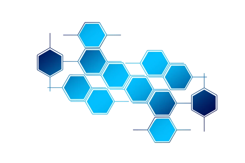 a group of blue hexagons on a black background, inspired by Buckminster Fuller, digital art, simple path traced, bio chemical illustration, cyberpunk brackets, panels