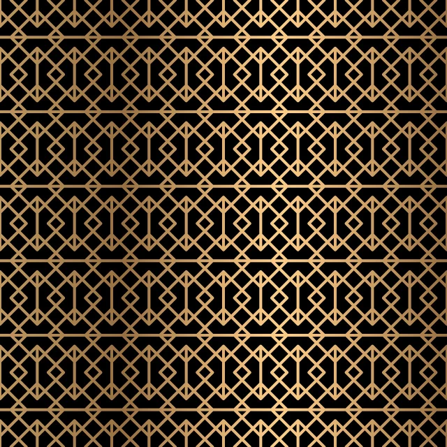 a black and gold pattern on a black background, art deco, lattice, 19xx, miko, gold and luxury materials