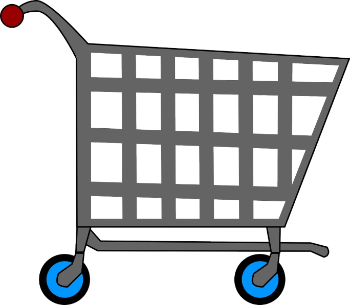 a shopping cart with blue wheels on a white background, by Kōno Michisei, [ digital art ]!!, black main color, simple cartoon, large body