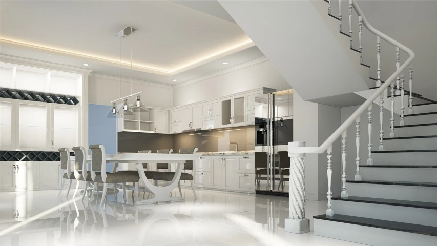 a kitchen that has a table and chairs in it, trending on cg society, light and space, vanilla - colored lighting, glossy white, neotraditional modern minimalist, high res eautiful lighting