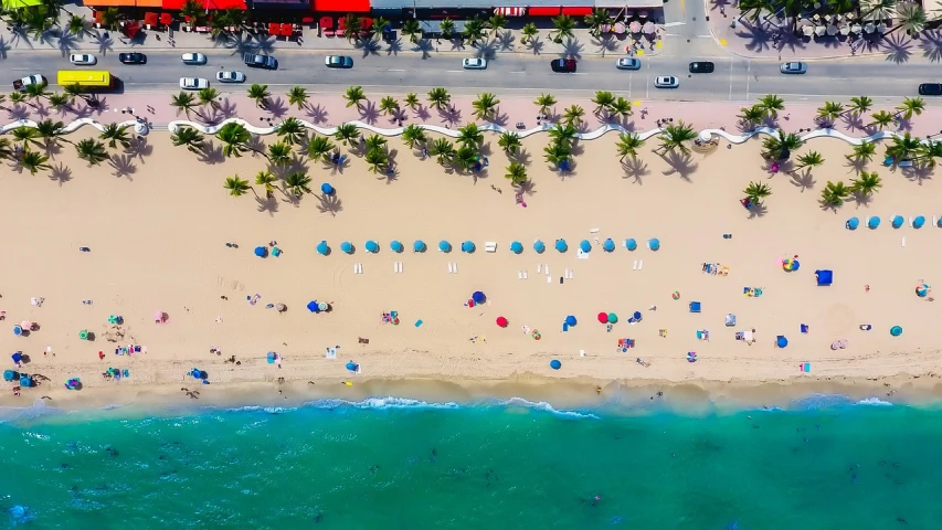 a beach filled with lots of people and umbrellas, by Niko Henrichon, pexels, miami, aerial footage, coconut trees, lined up horizontally