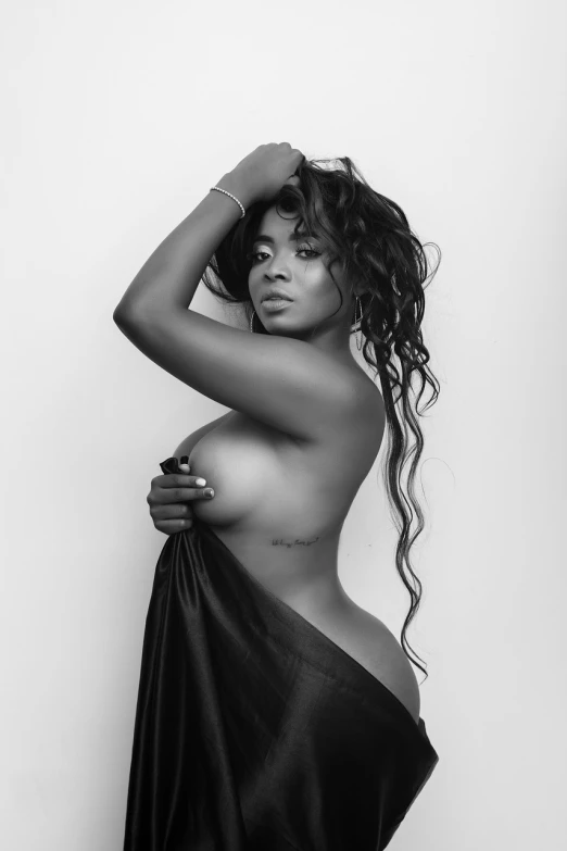 a black and white photo of a naked woman, a black and white photo, by Willian Murai, vanessa morgan, lady kima, vanessa blue, wrapped in black