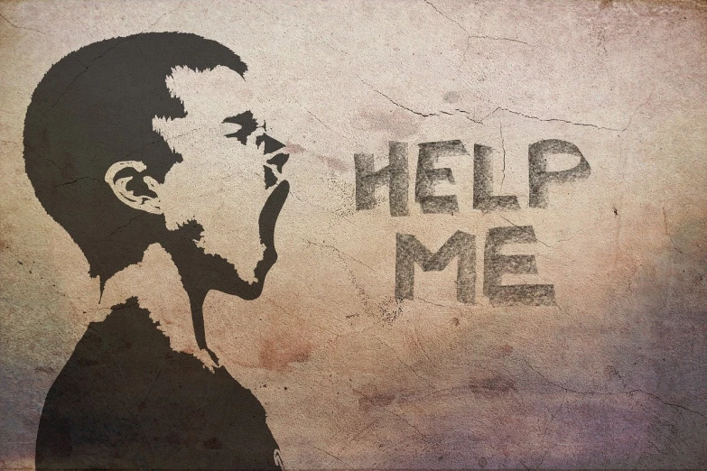 a painting of a man with the words help me written on it, a picture, inspired by Menez, graffiti, minimalist wallpaper, steam workshop, relief, begging