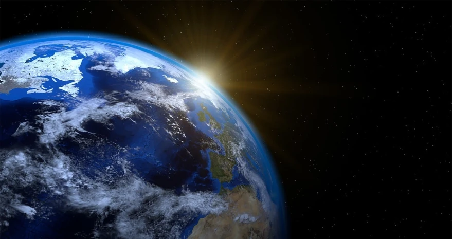 an image of a view of the earth from space, shutterstock, well lit 3 d render, the sun is shining wide shot, stock photo
