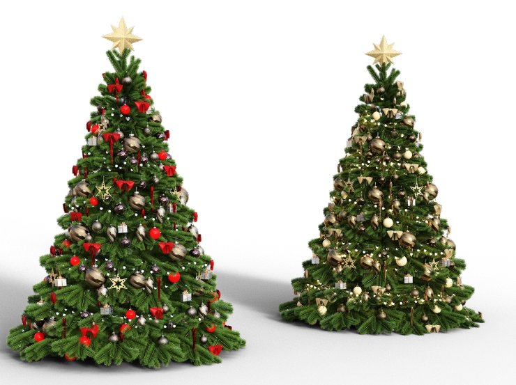 a couple of christmas trees sitting next to each other, a raytraced image, shutterstock, realism, silver gold red details, 8 k highly detailed ❤🔥 🔥 💀 🤖 🚀, rotated left right front back, on black background