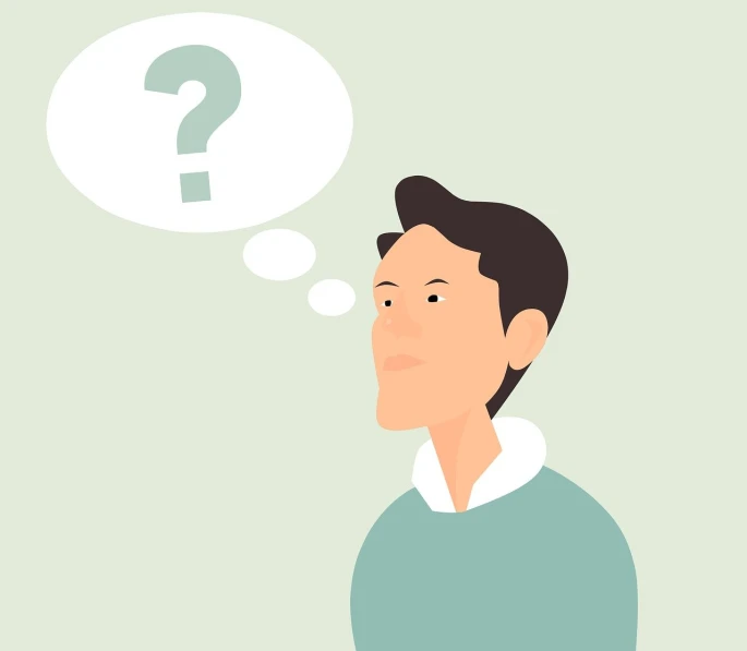 a man with a question mark above his head, vector art, young man with medium - length, wearing a light blue shirt, patrick, simple stylized