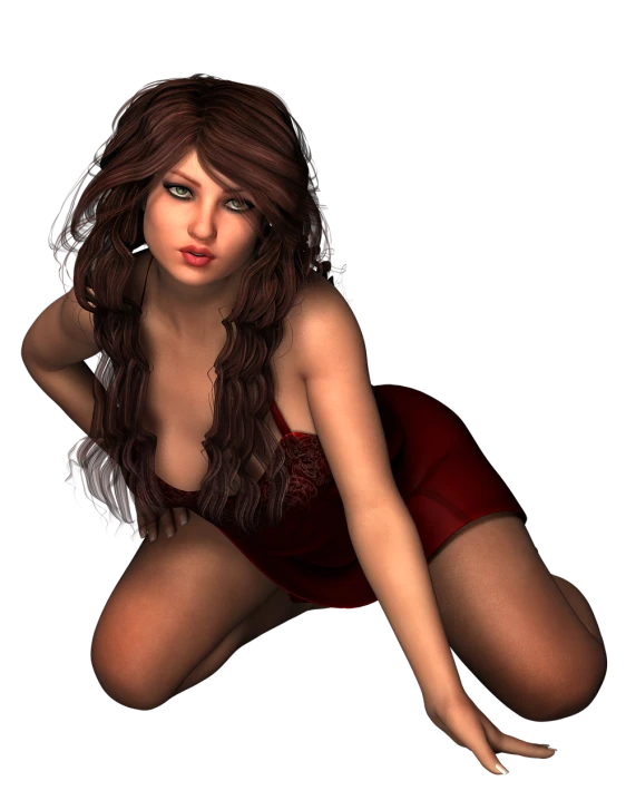 a woman in a red dress posing for a picture, a 3D render, inspired by Constance Gordon-Cumming, digital art, sexy girl with dark brown hair, flirtatious and intrigued, mid shot photo, very cute