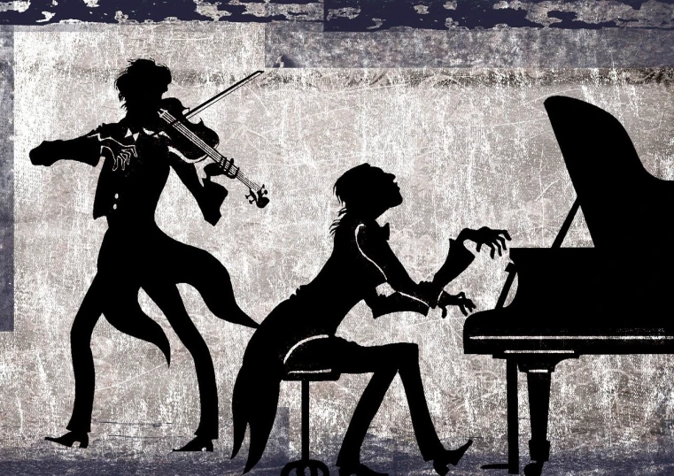 a man playing a violin next to a woman playing a piano, concept art, inspired by Lotte Reiniger, trending on pixabay, baroque, grunge art, trio, high resolution details, 3 jazz musicians