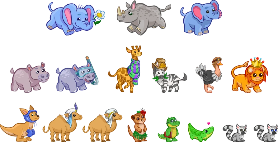 a bunch of cartoon animals on a black background, a digital rendering, sumatraism, little people!!!, game icon asset, marzanna, clipart