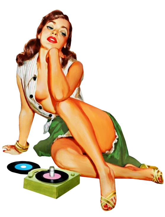 a pin up girl sitting on the ground next to a record player, an illustration of, by Gil Elvgren, funk art, closeup shot, hips, turntablism dj scratching, various artists