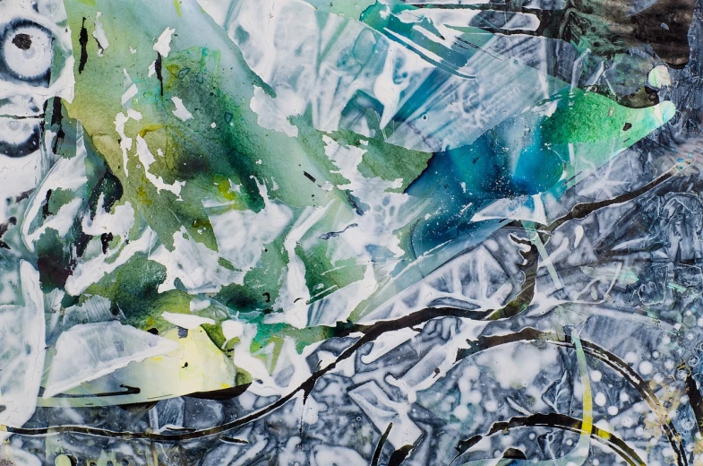 a close up of a painting on a wall, a watercolor painting, inspired by Jean-Paul Riopelle, tumblr, lyrical abstraction, in an arctic forest, glass shards, icy landscape, branches composition abstract