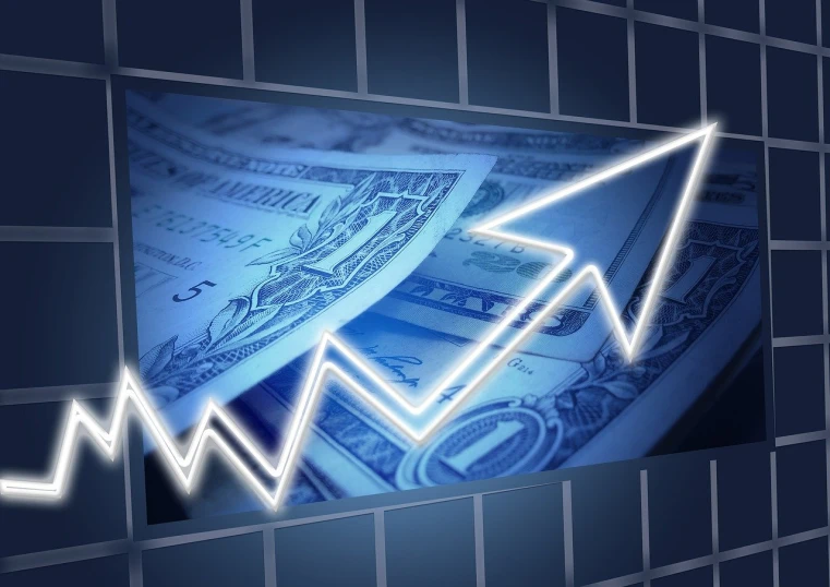 a white arrow on top of a pile of money, a stock photo, trending on pixabay, digital art, displaying stock charts, blue - print, wall street, flash photo