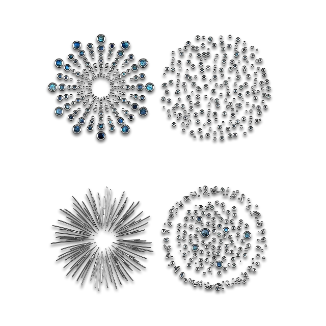 four different types of fireworks on a black background, by Shinji Aramaki, generative art, diatoms, minimalist illustration, blue crystal exploding, round elements