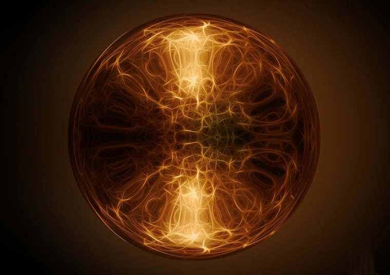 a close up of a glowing object in a dark room, digital art, glowing magma sphere, fractal tarot card style, coherent photo