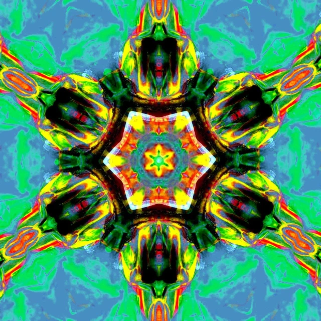 a close up of a flower on a blue background, digital art, inspired by Konrad Klapheck, psychedelic art, seen through a kaleidoscope, chartreuse and orange and cyan, star, full of colour 8-w 1024
