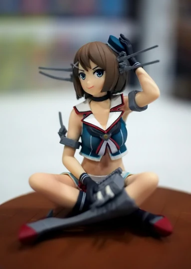 a figurine of a woman sitting on top of a table, by Miyamoto, pixiv contest winner, kantai collection arcade, close-up!!!!!!, displayed in a museum, military girl