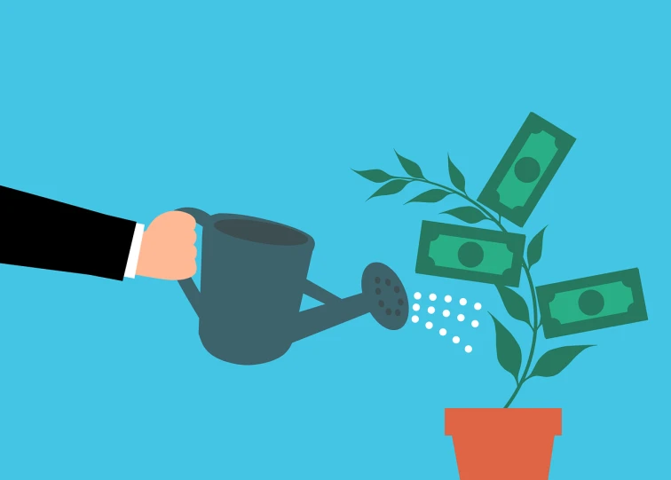 a person watering a plant with money coming out of it, an illustration of, conceptual art, flat - color, sales, remove, business