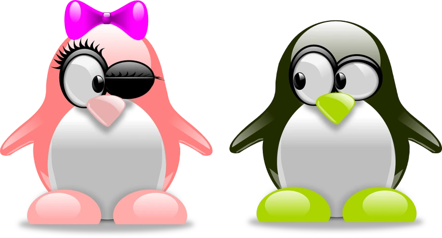 a couple of penguins standing next to each other, vector art, by Martina Krupičková, pixabay, figuration libre, pink glasses, shades green and red, swarovski, black an white