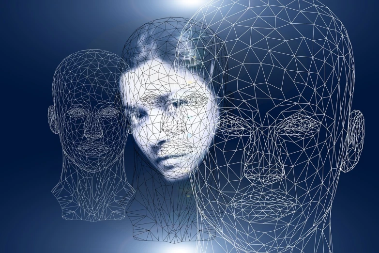 a close up of a person's face next to another person's head, digital art, pixabay, digital art, sacred geometry, subject made of white mesh rope, different women's faces, blue holographic face