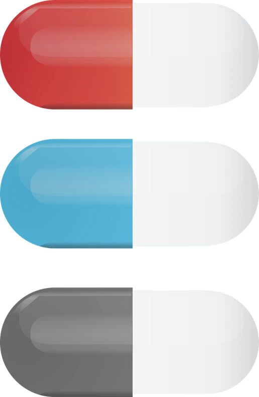 a close up of three pills on a black background, a screenshot, shutterstock, antipodeans, detailed vectorart, colors red white blue and black, cell bars, on a gray background