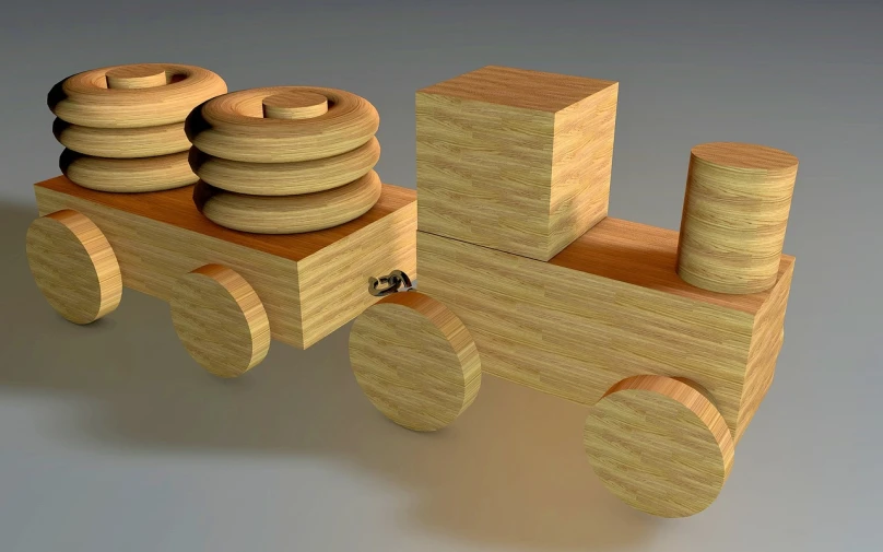 a wooden toy train sitting on top of a table, trending on polycount, constructivism, statue of a cubes and rings, truck, drawn with photoshop, woodturning