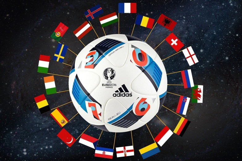 a soccer ball surrounded by flags of different countries, a picture, inspired by Jules Tavernier, shutterstock, art deco, cups and balls, universe, 6, adidas