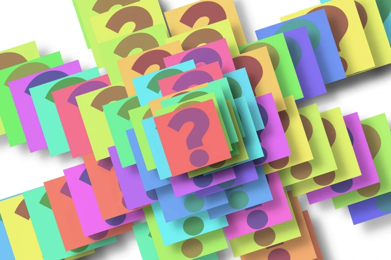 a pile of colorful papers with question marks on them, a screenshot, trending on pixabay, digital art, squares, stylized layered shapes, ad image, avatar image
