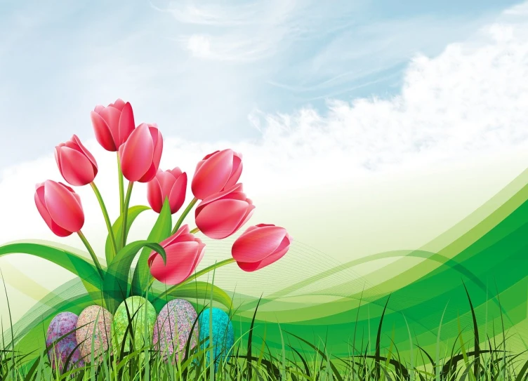 a bunch of pink tulips sitting on top of a lush green field, an illustration of, easter, hd vector art, hd wallpaper, clipart