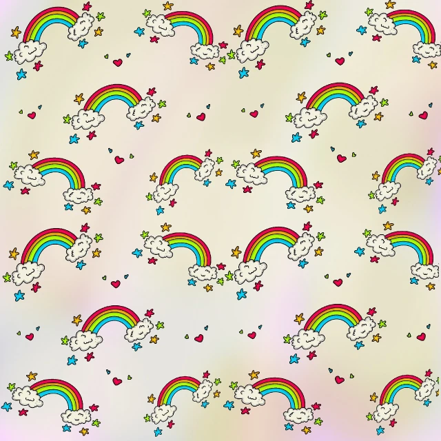 a pattern of rainbows, clouds and stars, an illustration of, on a pale background, omori, exciting illustration, doodles