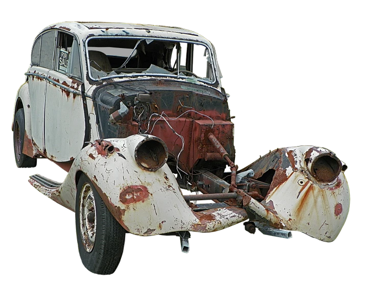 an old rusted car is shown against a black background, a photo, by Hans Fischer, pixabay, photorealism, disassembled, 2 0 0 4 photograph, under repairs, colorized