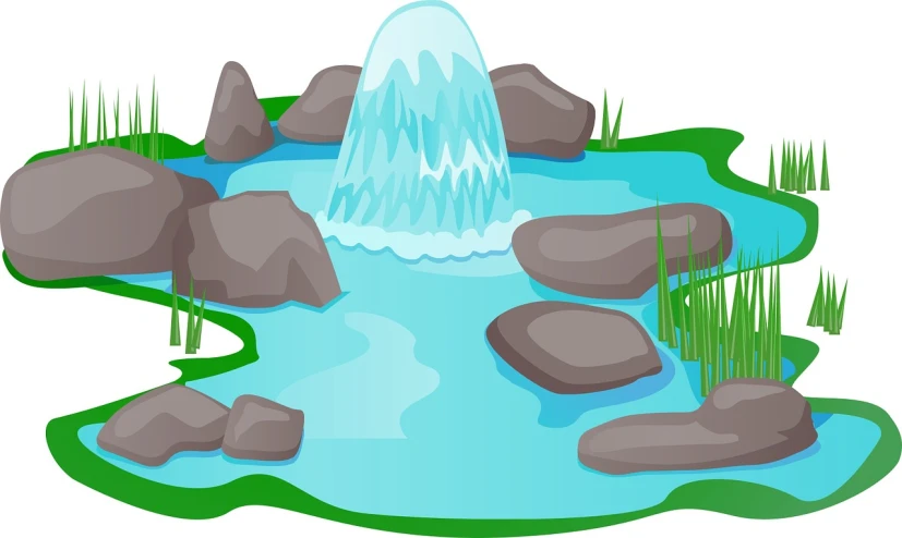 a water fountain surrounded by rocks and grass, an illustration of, mini lake, without background, body of water, lake blue