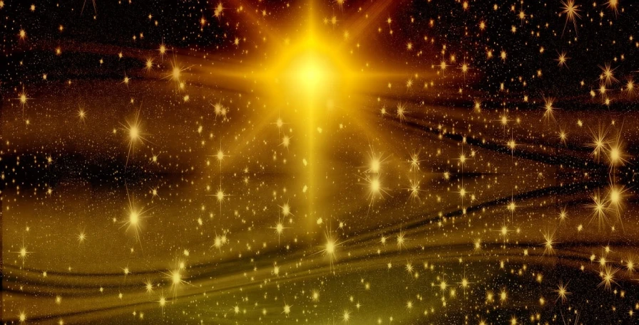 a golden star shines brightly in the night sky, digital art, trending on pixabay, light and space, major arcana mason sparkles sky, winter sun, golden skin, space photo