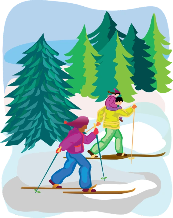 a couple of people riding skis down a snow covered slope, an illustration of, enjoying a stroll in the forest, full color illustration, girls, information