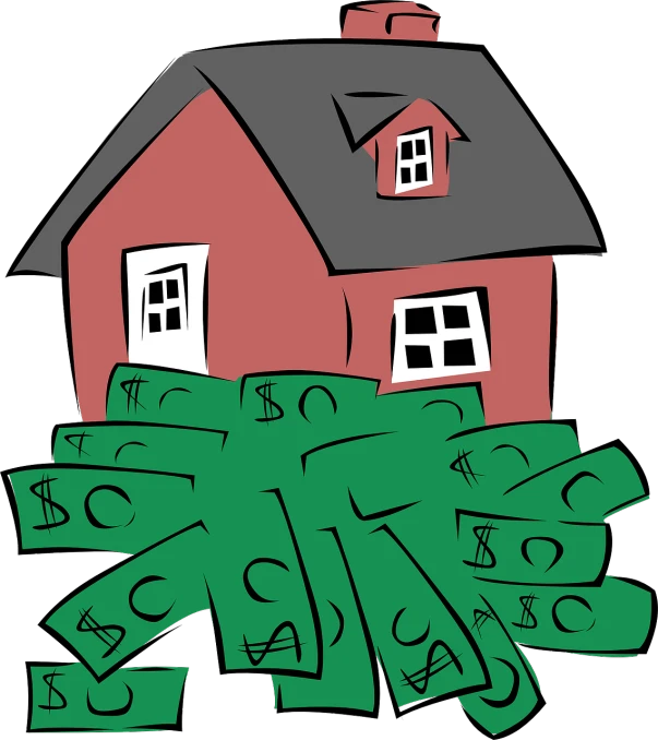 a house sitting on top of a pile of money, naive art, black and red scheme, marketing photo