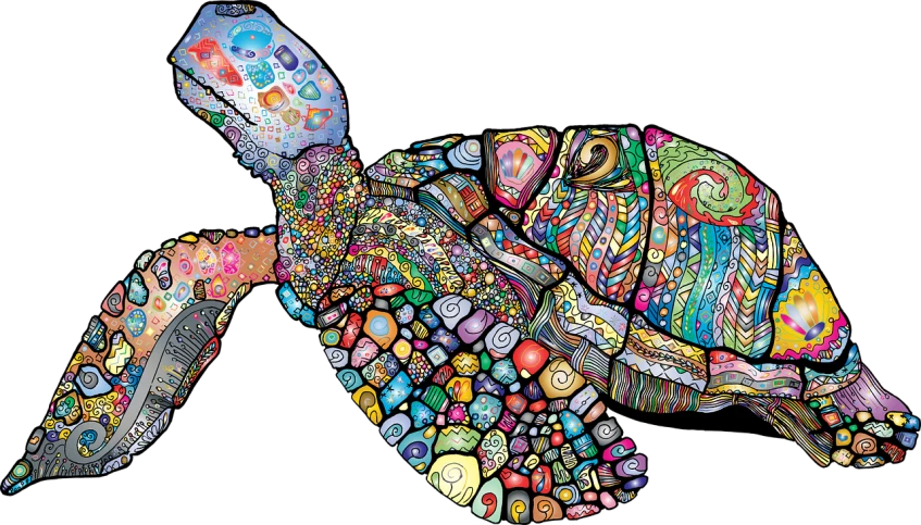 a painting of a turtle on a black background, a mosaic, by Lena Alexander, pixabay, psychedelic art, cyborg whale, colourful!! highly detailed, julie dillon, colored elephant art