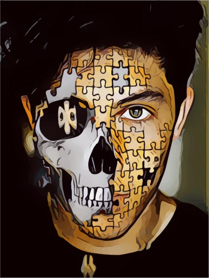 a painting of a man with puzzle pieces on his face, vector art, inspired by Arnold Mesches, digital art, drawing of a skull, teenage boy, with an animal skull for a head, jigsaw