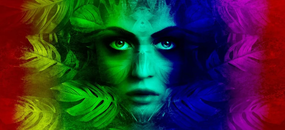 a woman with blue eyes surrounded by leaves, digital art, inspired by Dan Hillier, shutterstock, ultraviolet and neon colors, expressive eyes. symmetry, portrait of an insectoid, green feathers