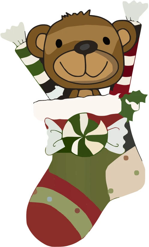 a teddy bear sitting on top of a christmas stocking, inspired by Masamitsu Ōta, pixabay, toyism, 1128x191 resolution, green and brown clothes, no gradients, istockphoto