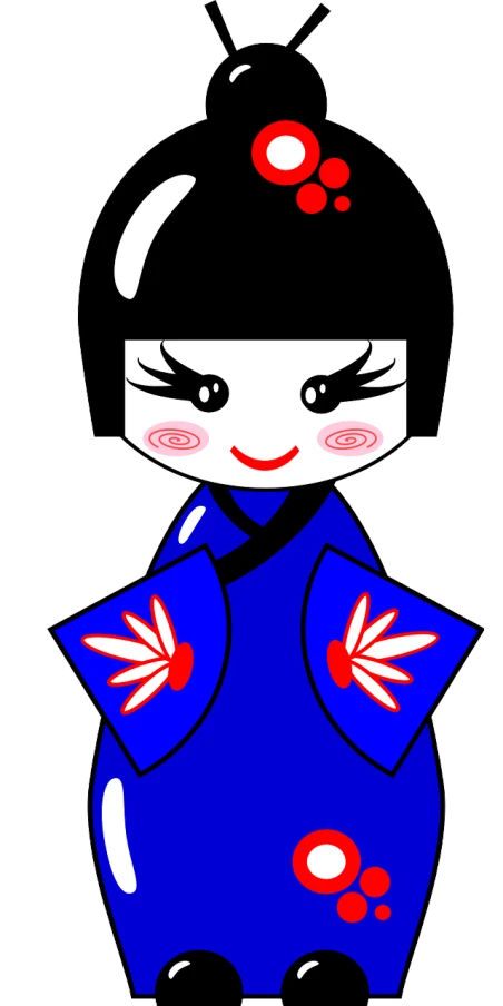 a blue doll with a red flower on it's head, vector art, inspired by Takehisa Yumeji, mingei, wearing black robe, (((((((no glow))))))), chinese dress, japan animation