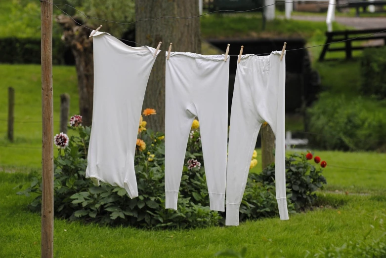 a couple of white pants hanging from a clothes line, by Christen Købke, renaissance, 3 - piece, hives, moisture, version 3