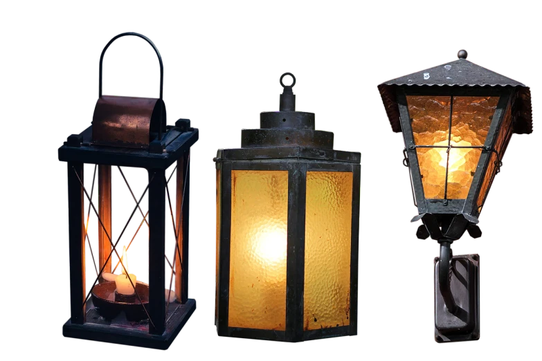 a couple of lanterns sitting next to each other, by Robert Childress, modeled lighting, header, various styles, dimly - lit