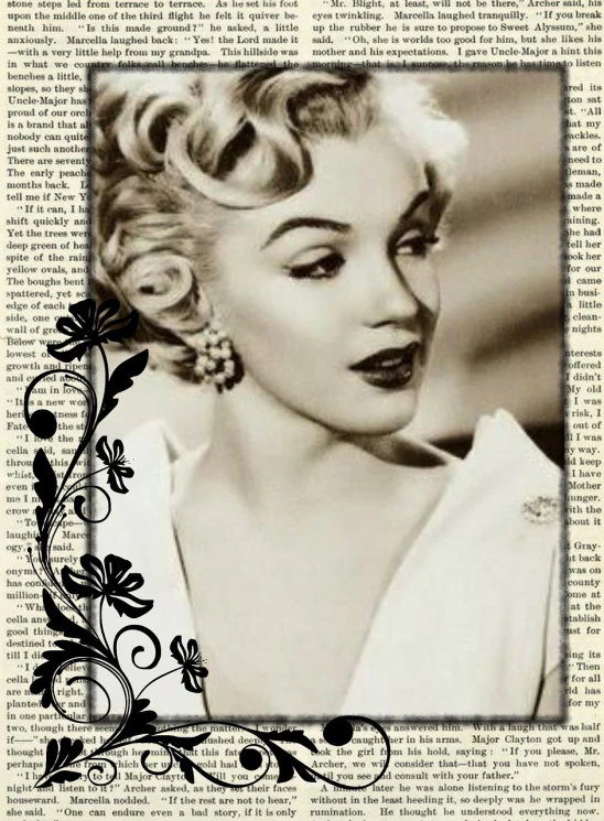 a black and white photo of a woman, a sketch, inspired by Marilyn Bendell, wallpaper!, newspaper collage, ivy, by :5