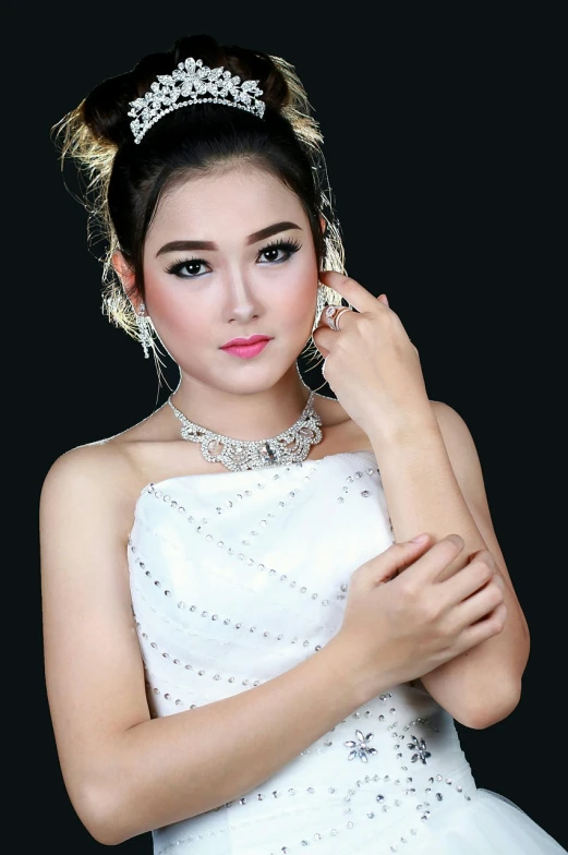 a woman in a wedding dress posing for a picture, a picture, inspired by Huang Ji, tumblr, dau-al-set, silver necklace, attractive female face!!!, in style of lam manh, advertising photography