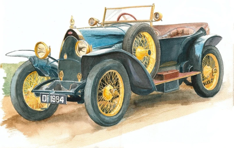 a watercolor painting of a vintage car, by Albert Swinden, de tomaso, golden detailing, artist's impression, benjamin vnuk