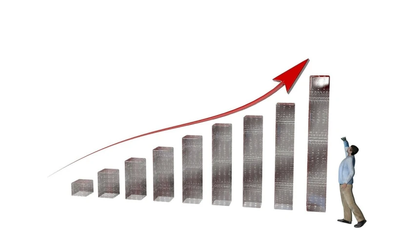 a man standing in front of a growing graph, by Pamela Drew, pixabay, happening, tall building, with a white background, curved red arrow, aluminium