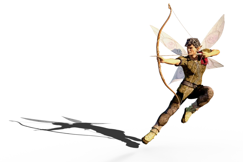 a figurine of a fairy with a bow and arrow, a portrait, by Robert Jacobsen, flickr, hurufiyya, mid air shot, tom holland as peter pan, against dark background, artistic render