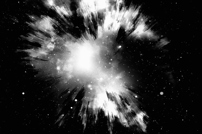 a black and white photo of a galaxy, an ambient occlusion render, by Wayne Reynolds, light and space, explosion background, wallpaper mobile, explosions in background, glittering stars scattered about