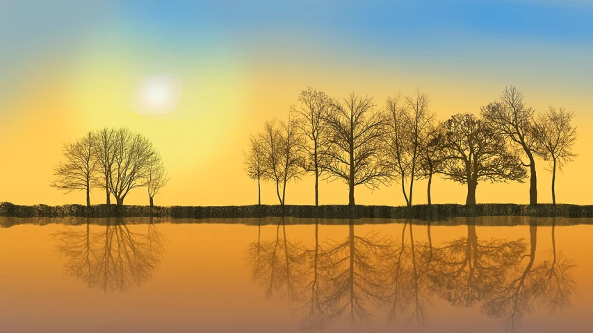 a group of trees that are standing in the water, inspired by Gediminas Pranckevicius, trending on pixabay, minimalism, shades of gold display naturally, istock, contre - jour, sky line