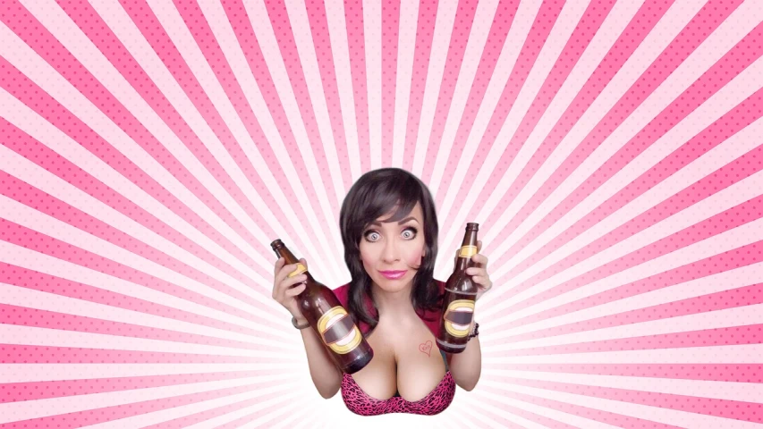a woman in a bikini holding two bottles of beer, by Randy Vargas, pink volumetric studio lighting, sarah andersen, cleavage, composite