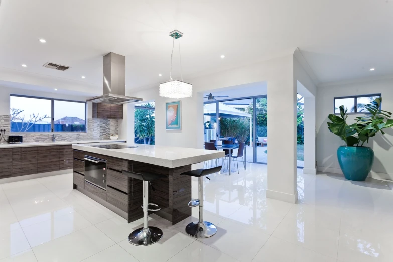 the kitchen is clean and ready for us to use, by John Murdoch, shutterstock, minimalism, angular dynamic white rock floor, gleaming silver and rich colors, backyard, high key lighting